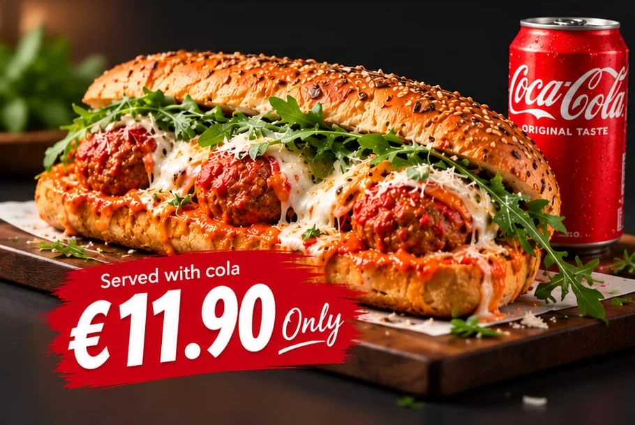 Italian Meatball Sub with a can of Coca-Cola, served with cola for €11.90